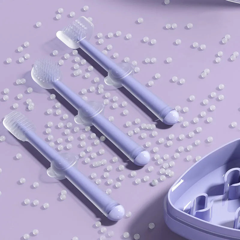 Purple pet toothbrush with soft silicone bristles for dog and cat dental cleaning