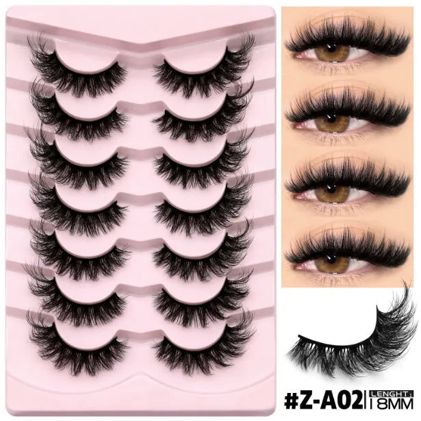 Natural false eyelashes in box with adhesive glue, artificial fibre construction in thick natural long style