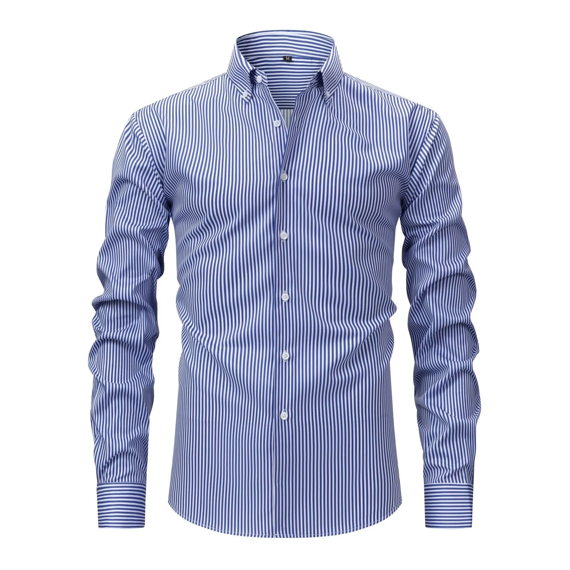 Man wearing a striped non-iron business casual shirt with a lapel collar.