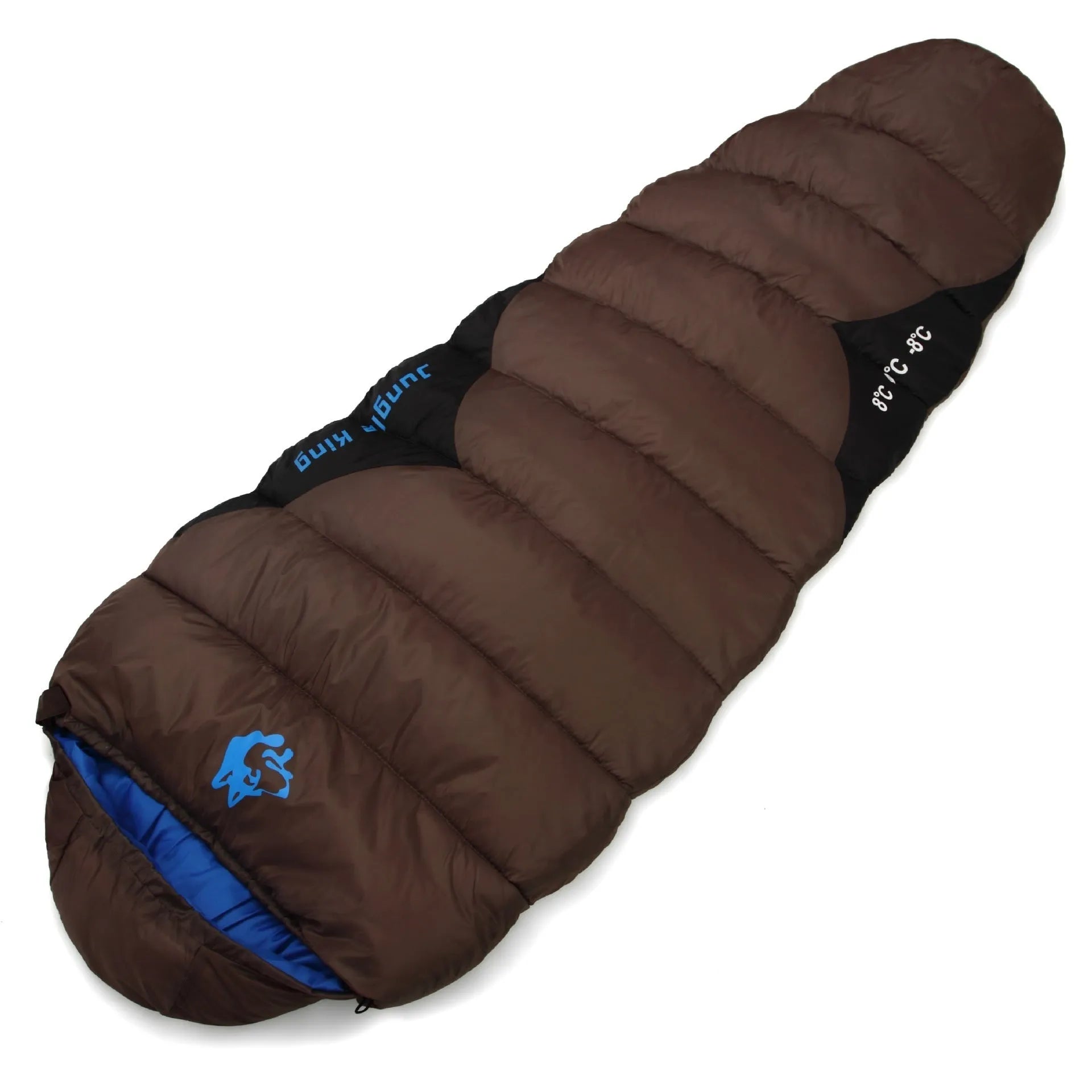Outdoor cotton sleeping bag in army green, shown next to its grey compression storage sack