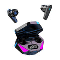 Black X15 wireless Bluetooth in-ear gaming headphones with charging case on a grey background.