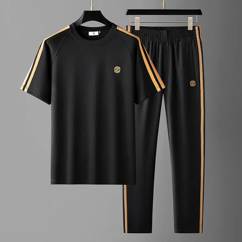 Men's ice silk style short sleeve suit in apricot, black, or blue with matching pants