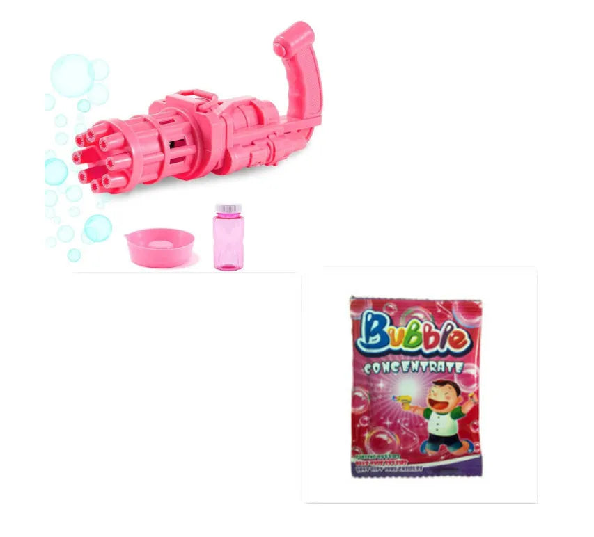 Kids bubble machine gun toy in pink, gold, or black colours with trigger and removable bubblehead.