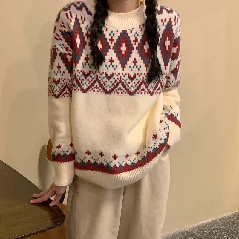 Loose striped knitted pullover top with long sleeves in white retro style