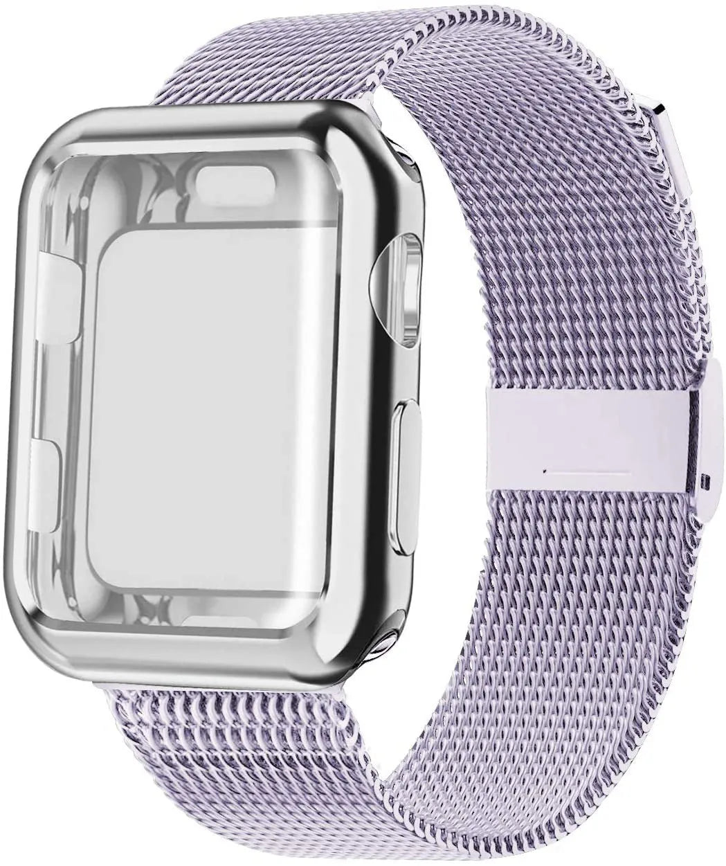 Magnetic Milanese metal band for Apple Watch in silver on a 42mm watch, showing adjustable clasp.