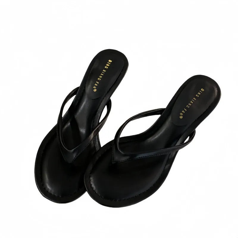 Women's rubber flip-flop sandals with stiletto heel in sheepskin camel colour showing round toe open design