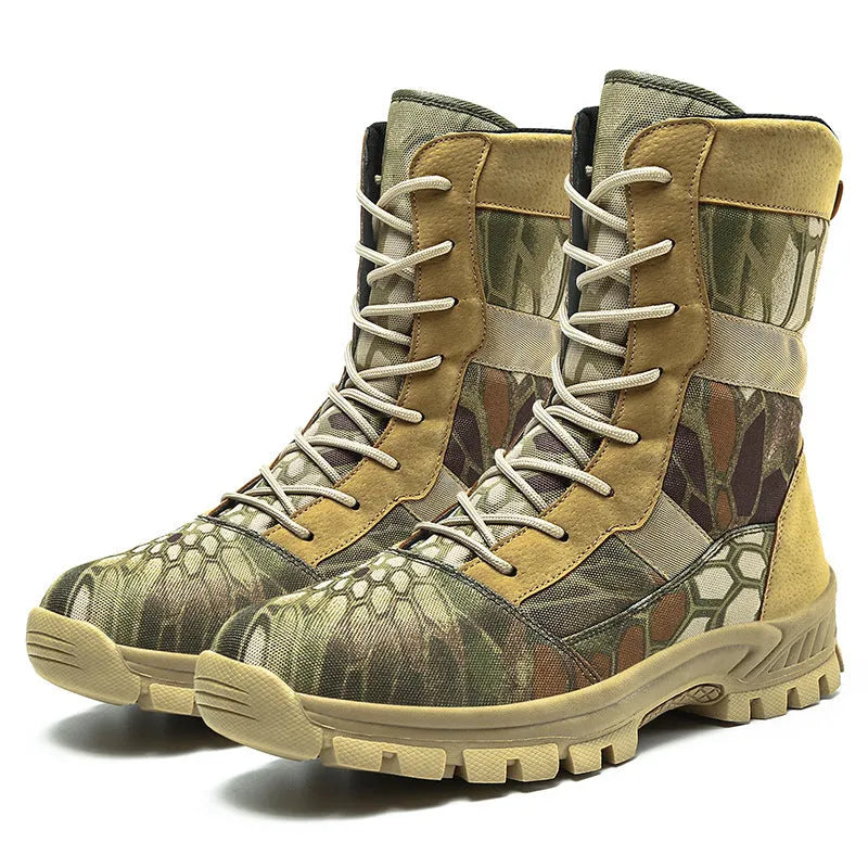 Men's black and camouflage high-top combat boots with mesh upper and totem detailing
