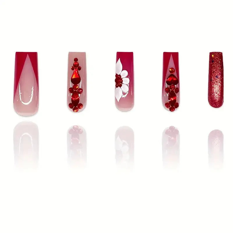 Sweet Flowers pattern red diamond false nails in long European Square shape with glue and file.