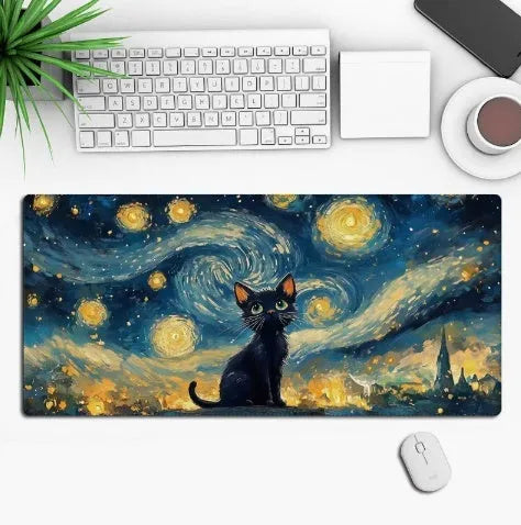 Anime-themed gaming mouse pad on a desk, showing non-slip rubber base and printed cloth surface.