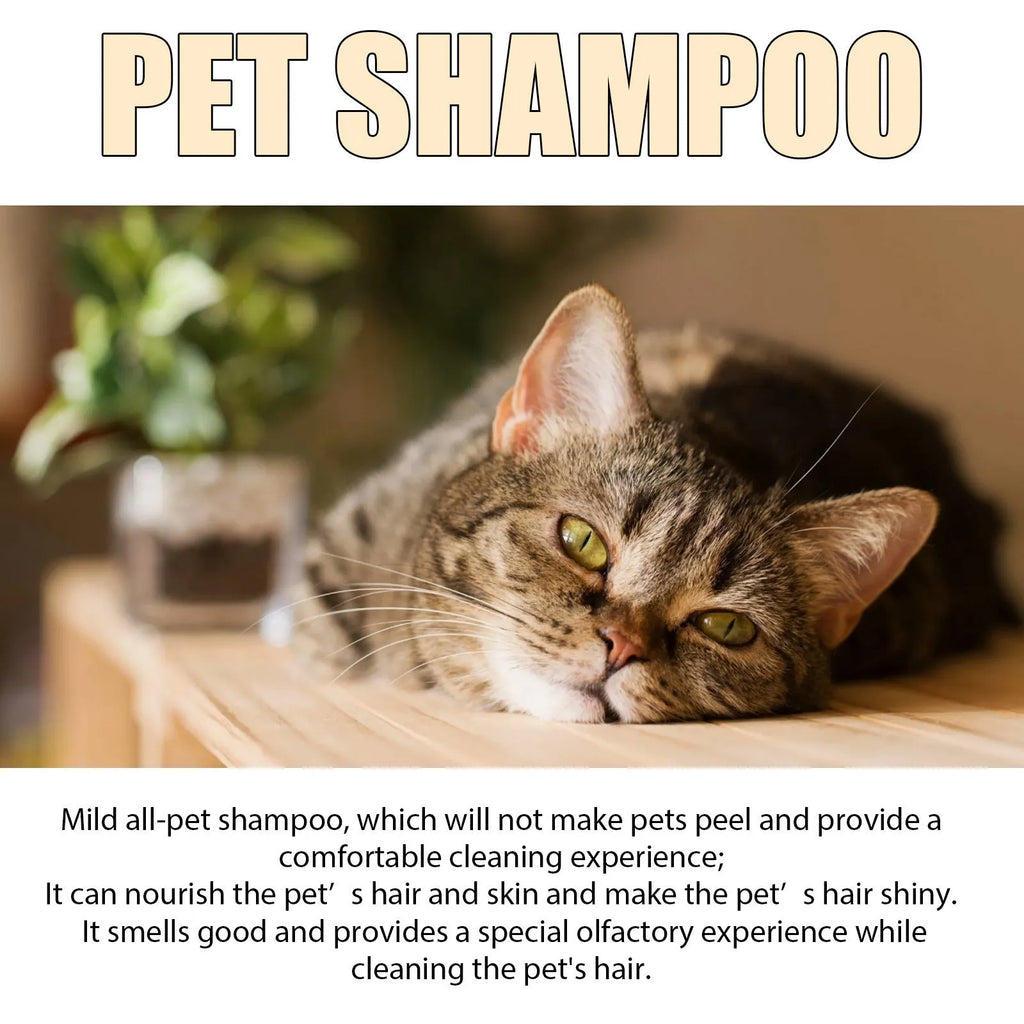 Bottle of mild pet shampoo for cats and dogs, shown in 100ml and 300ml sizes.