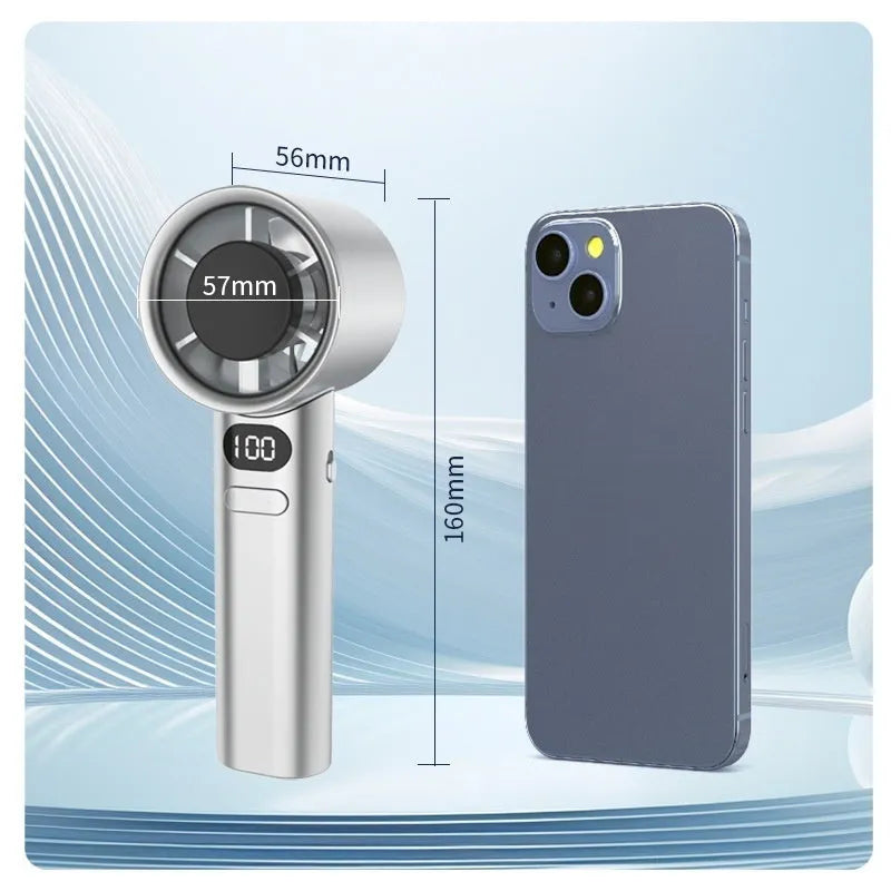 Handheld fan showing variable speed control, USB charging port, and green colour option