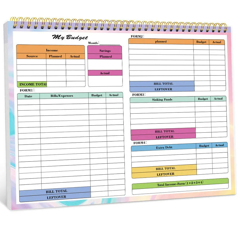 B5 size spiral-bound wealth management notebook with a PP cover, open on a table.