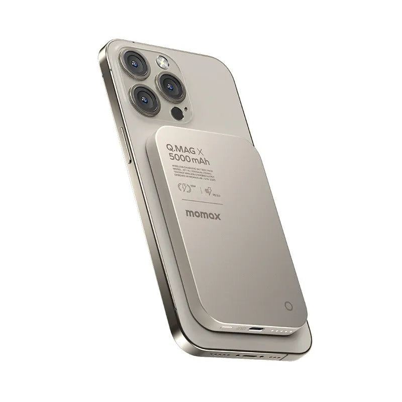 Black and titanium gold magnetic wireless power bank with an alloy shell.