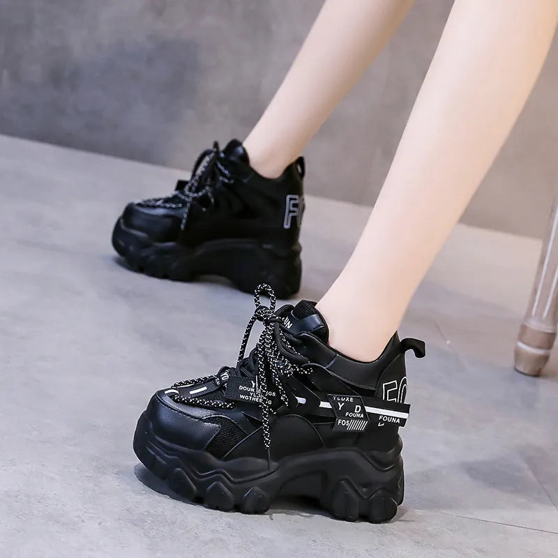 Women's white breathable mesh platform sports shoes with cross strap and rubber sole