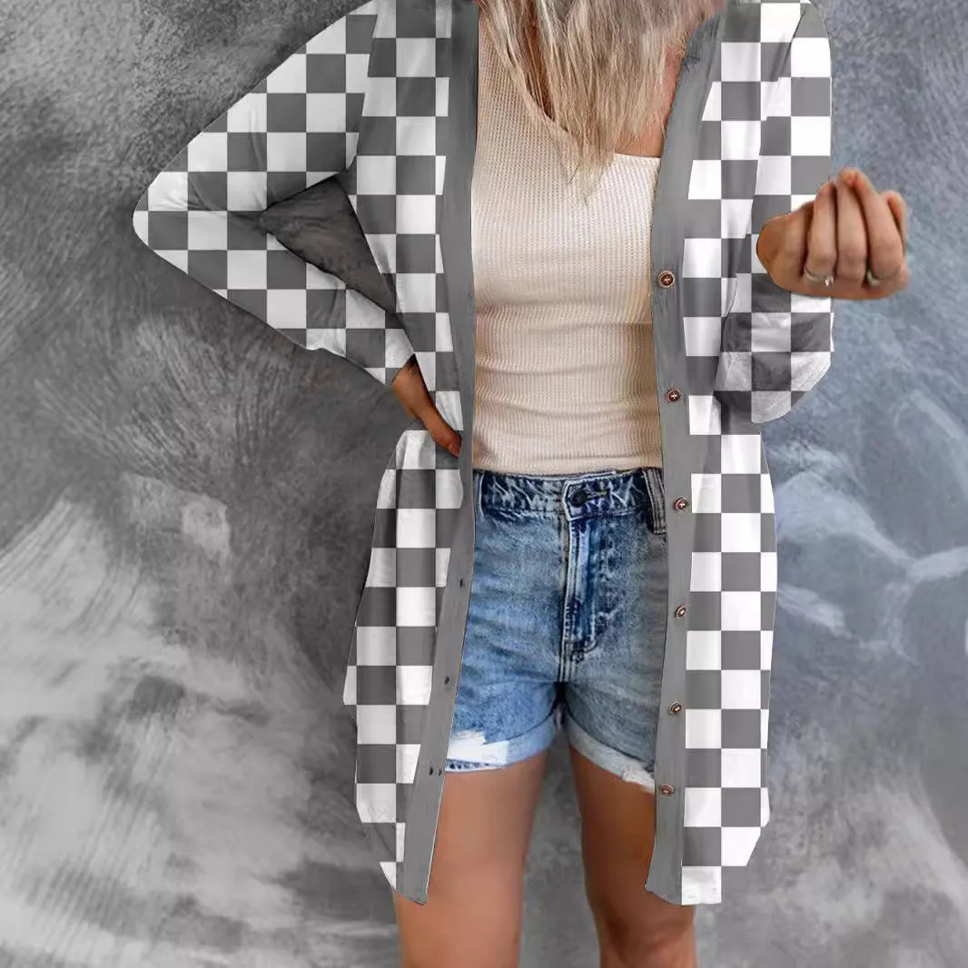 Women's long grey plaid pattern knitted cardigan coat with regular sleeves, shown on a model.
