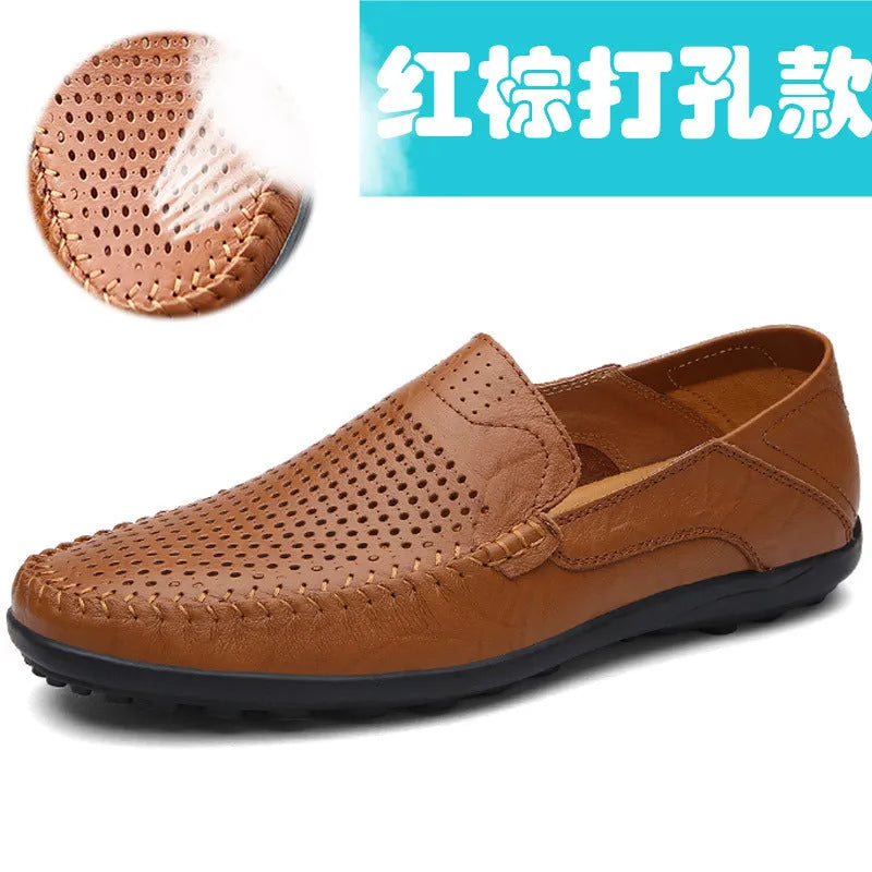 Men's brown cowhide leather shoes with round toe and flat rubber sole business casual design