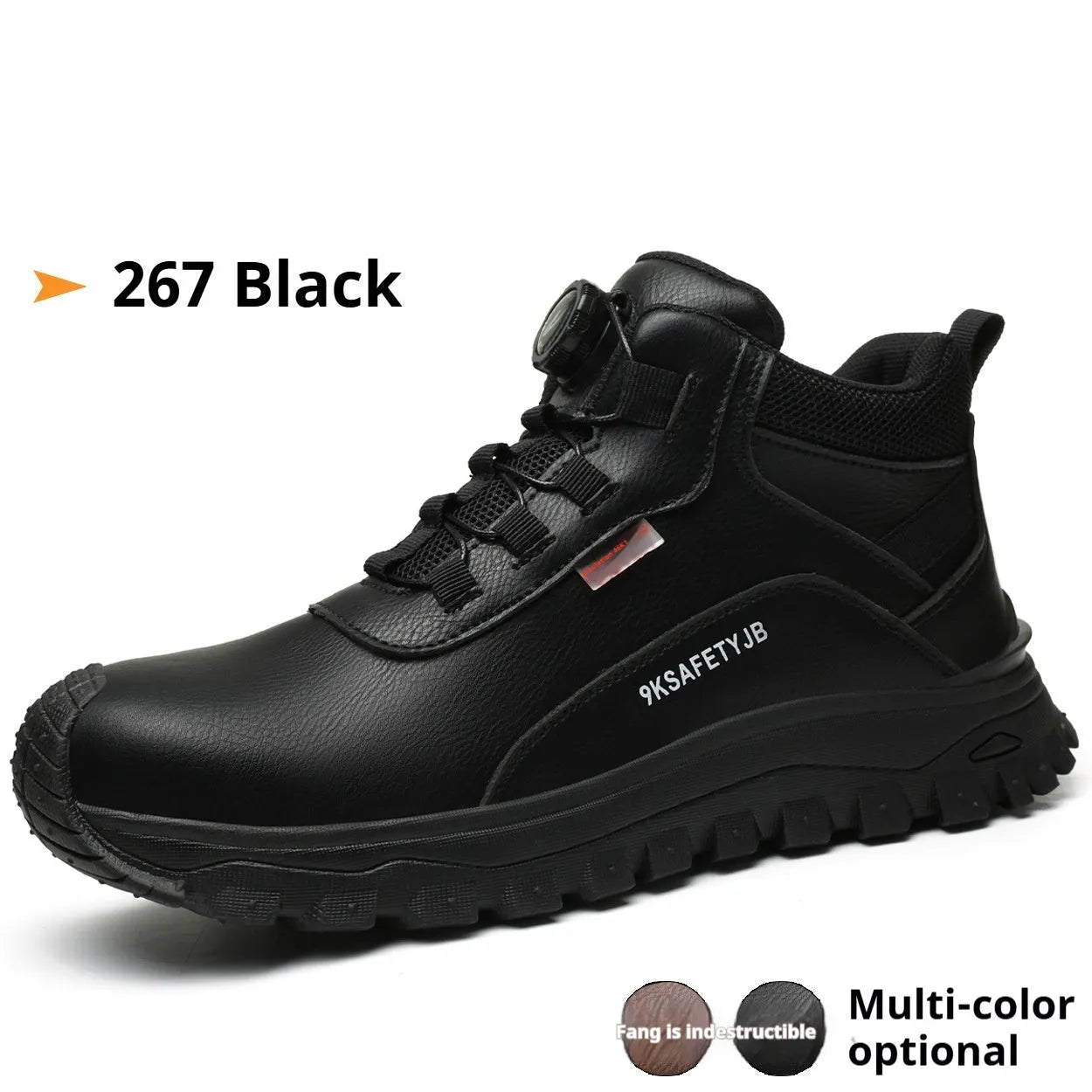 Flyknit leather work safety shoes with rubber sole in black, available sizes 36-46