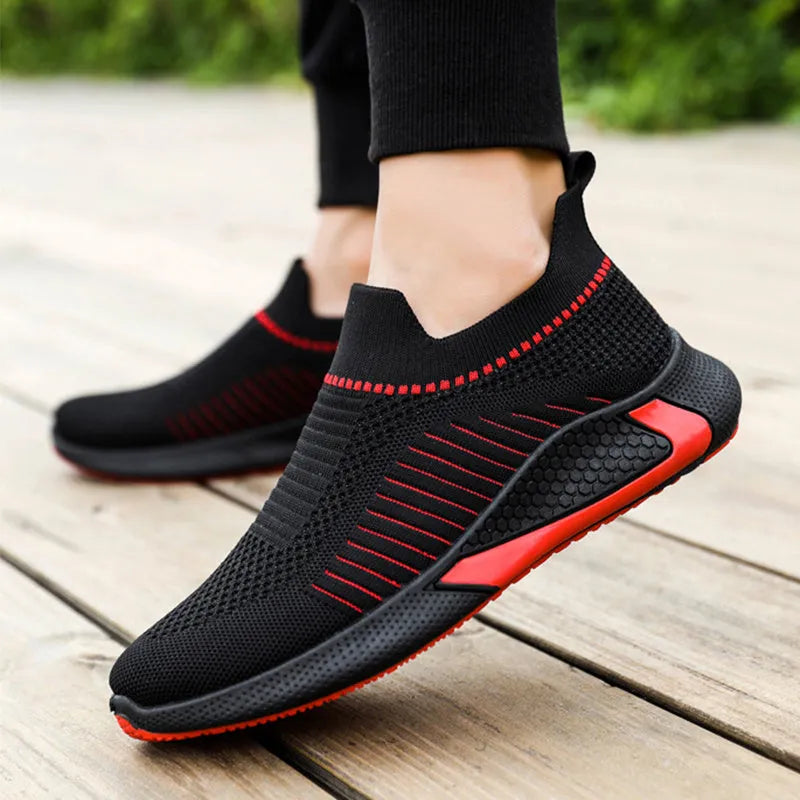 Men's mesh sock shoes with striped design showing flyknit upper and front lace-up styling