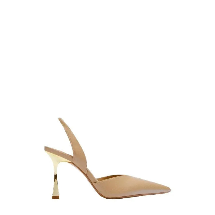 Women's nude patent leather high heels with pointed toe and shallow mouth design in apricot colour
