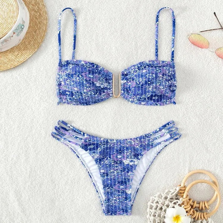 Women's floral bikini swimsuit with high-waisted briefs in blue, orange, pink, or rose red colours