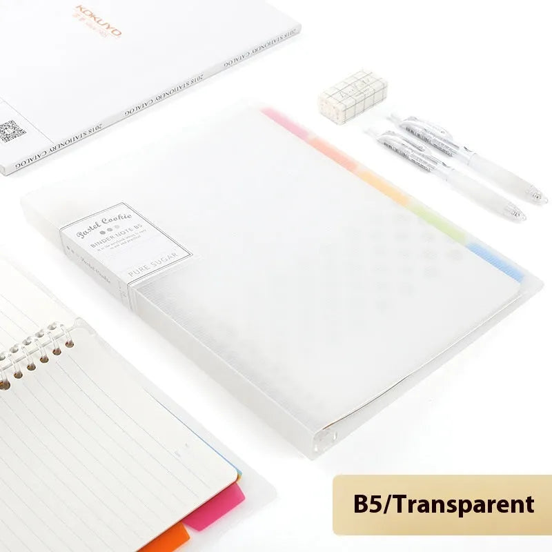 Refillable loose-leaf spiral notebook with PP cover open, showing raw wood pulp paper in grid ruling.
