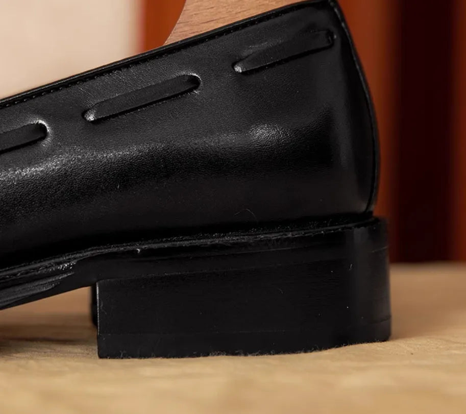 Men's black and brown genuine leather slip-on loafers with pigskin lining and rubber sole