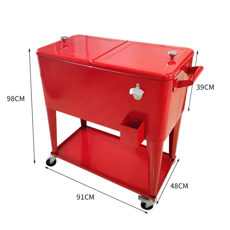 Red iron insulated trolley cooler with wheels for outdoor events and picnics
