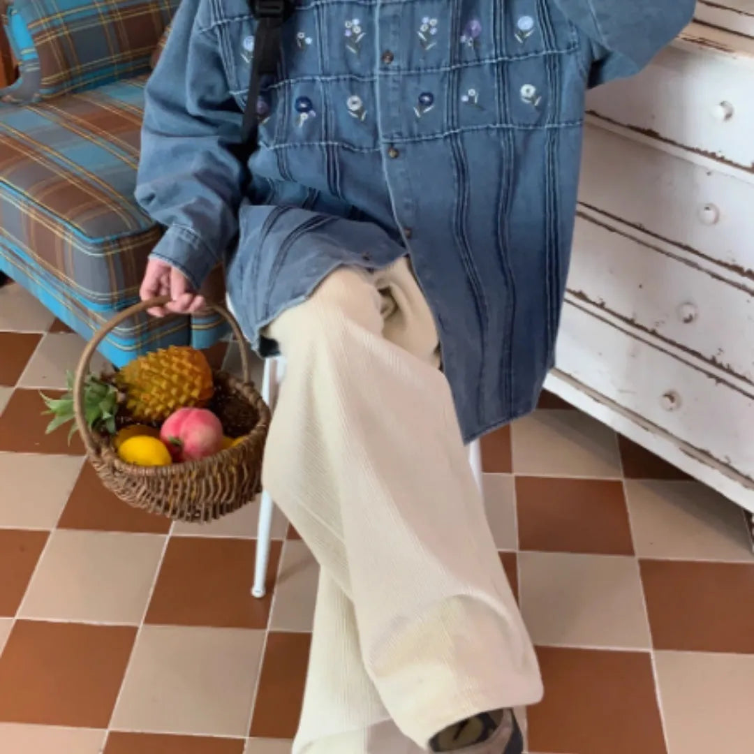 Vintage washed blue denim shirt with small floral pleats and long sleeves