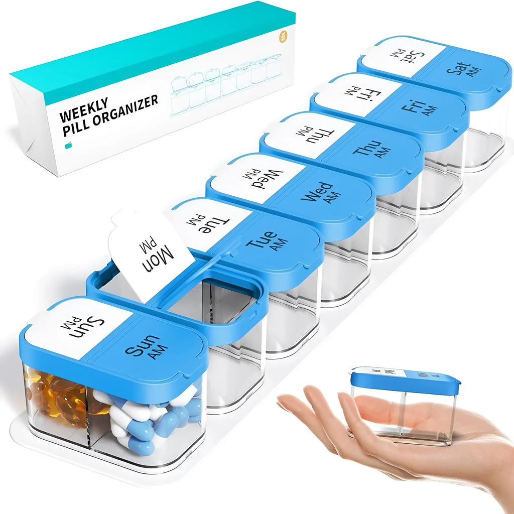 Amazon pill box dispenser showing 14 detachable compartments in rainbow colour with dimensions 327x65x49mm