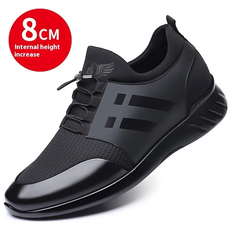 Men's black casual height increase shoes with round toe and chunky heel in leather, Lycra or mesh options