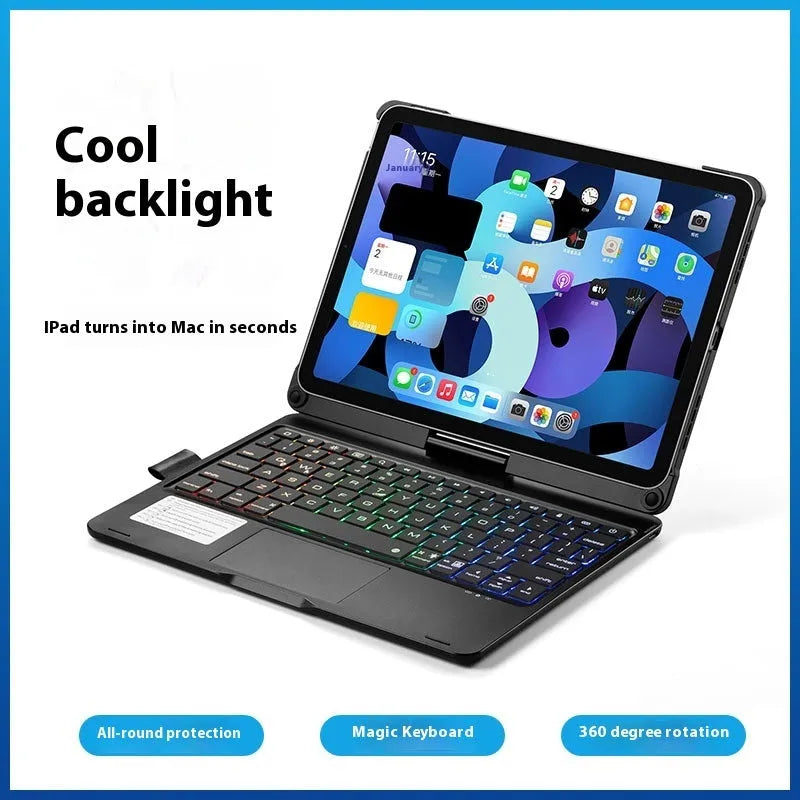 Miaocontrol Bluetooth keyboard with 360-degree rotating stand for iPad tablets in black, rose gold, or silver
