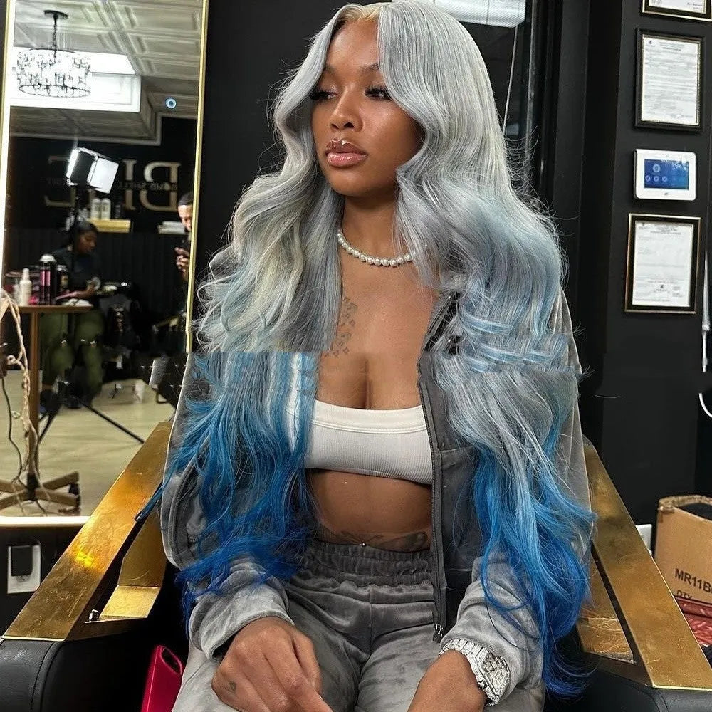 Gray and blue gradient human hair lace front headband wig on a model, showing long wavy hairstyle.