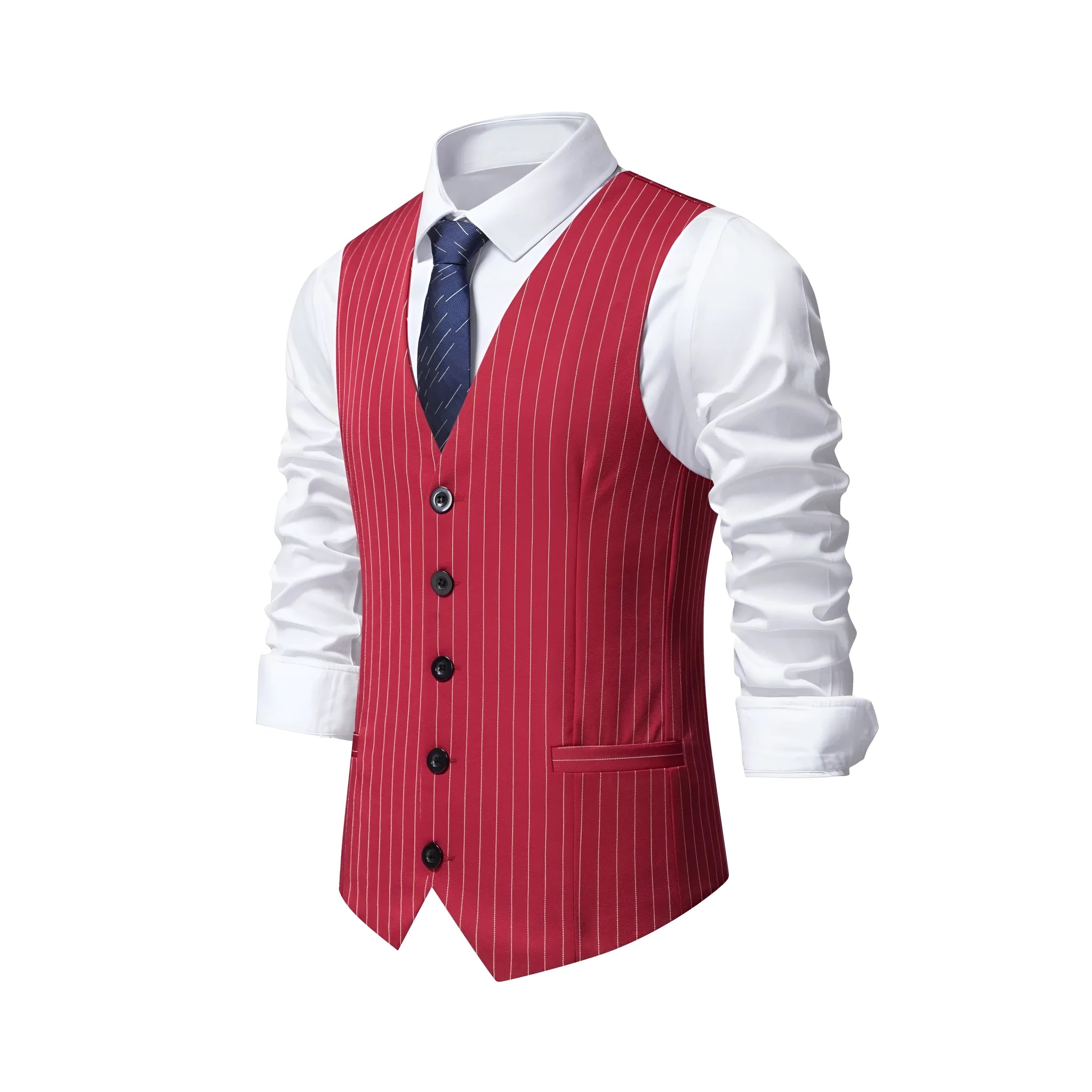 Men's striped suit vest in red black or khaki polyester formal business wear