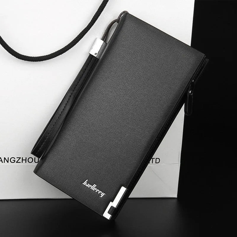 Men's long black PU leather wallet with a full-length silver zipper closure.