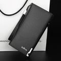 Men's long black PU leather wallet with a full-length silver zipper closure.