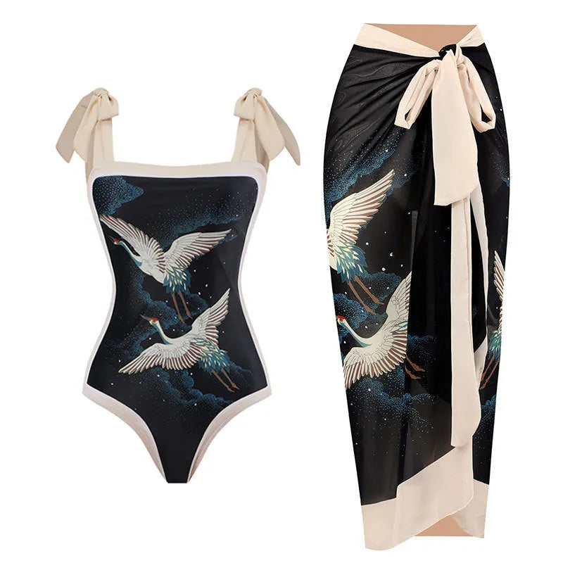 Women's retro floral one-piece swimsuit with chiffon skirt in yellow and black feather patterns