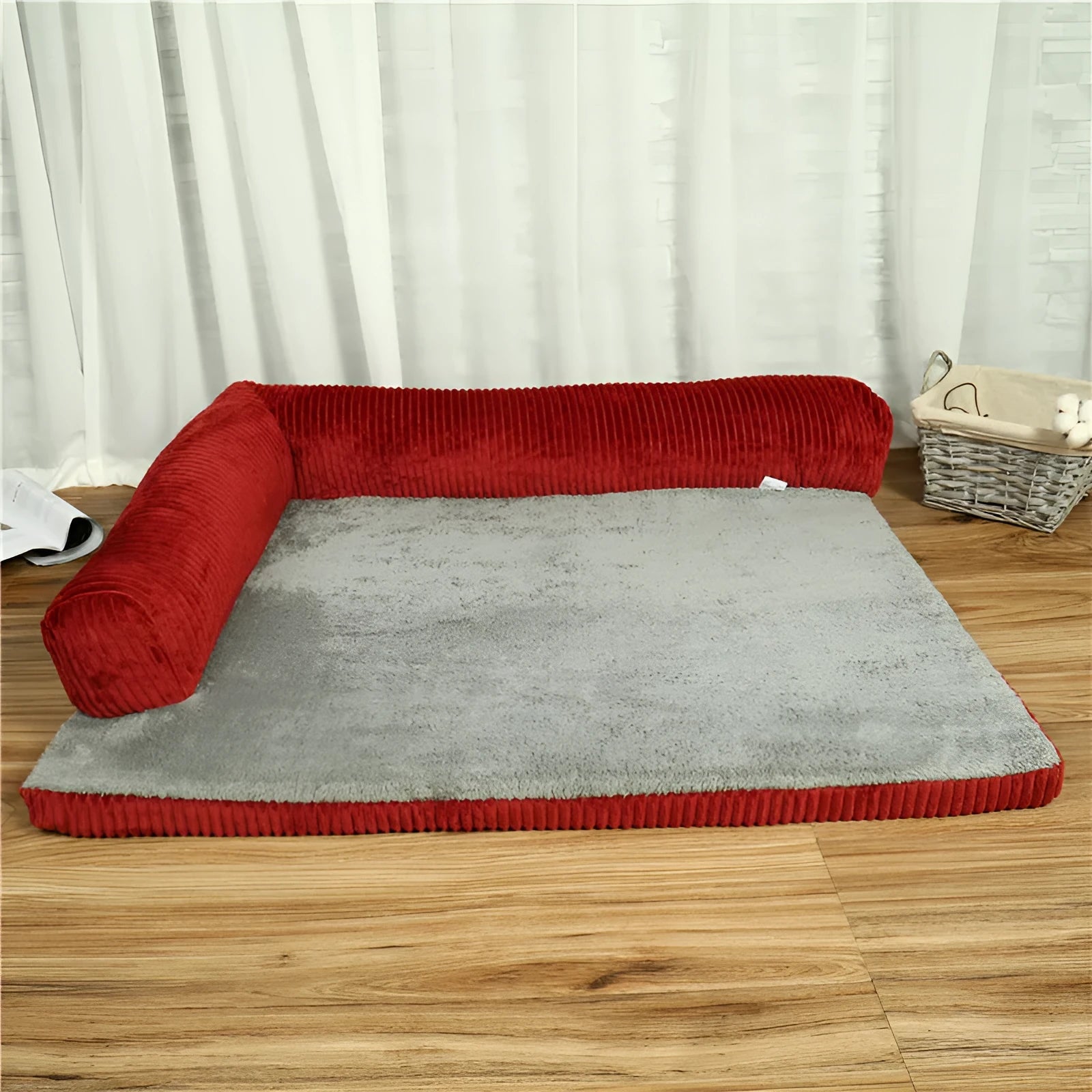 Corduroy pet dog bed sofa in a neutral colour with a raised edge and non-slip base.