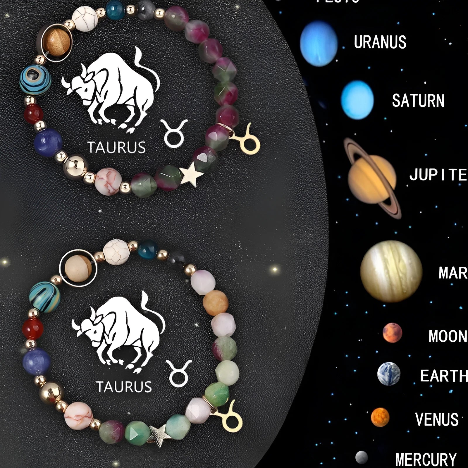 Set of twelve natural stone beaded bracelets, each representing a different zodiac sign.