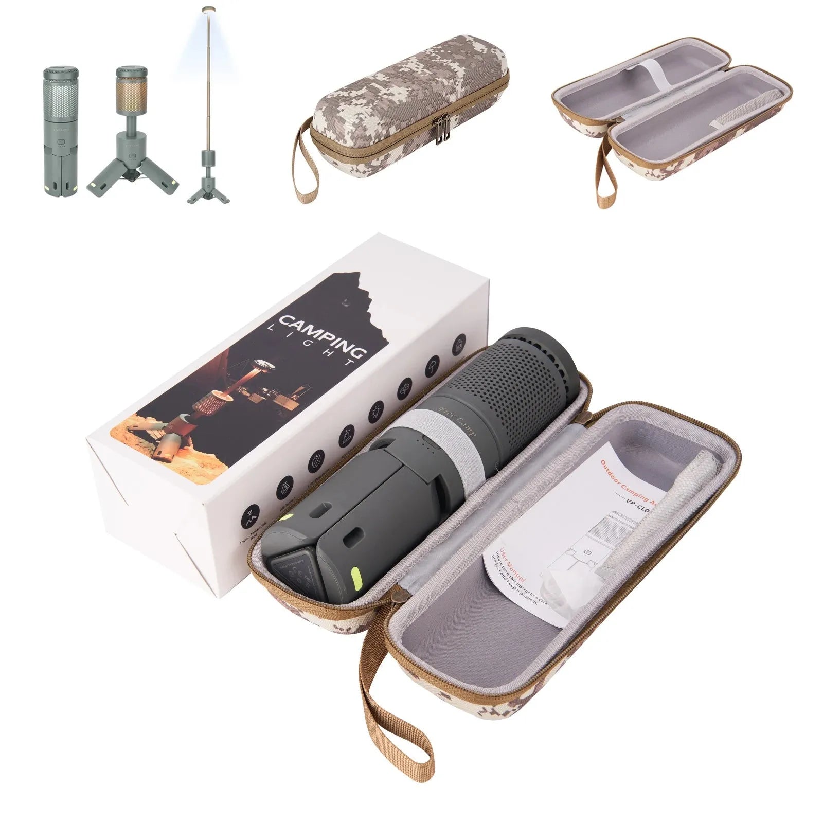 Portable LED camping lantern in off white or dark grey colour with a button switch.