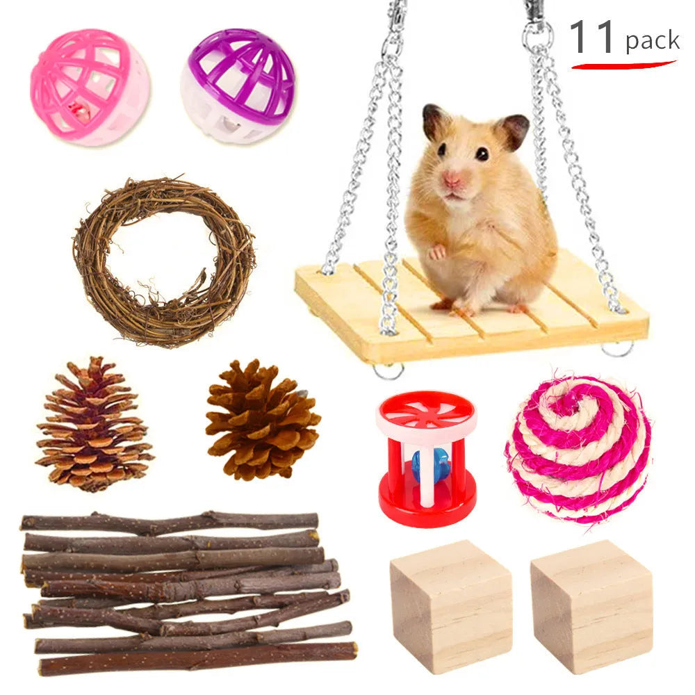 Wooden pet toy set with chewable pieces for rabbits, guinea pigs and parrots