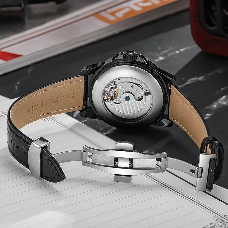 Men's automatic waterproof watch with luminous hands and stainless steel case on leather strap
