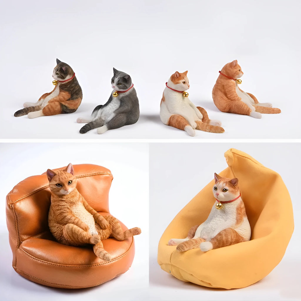 Lazy cat ornament and fabric sofa model set for car dashboard, 7.5cm high.
