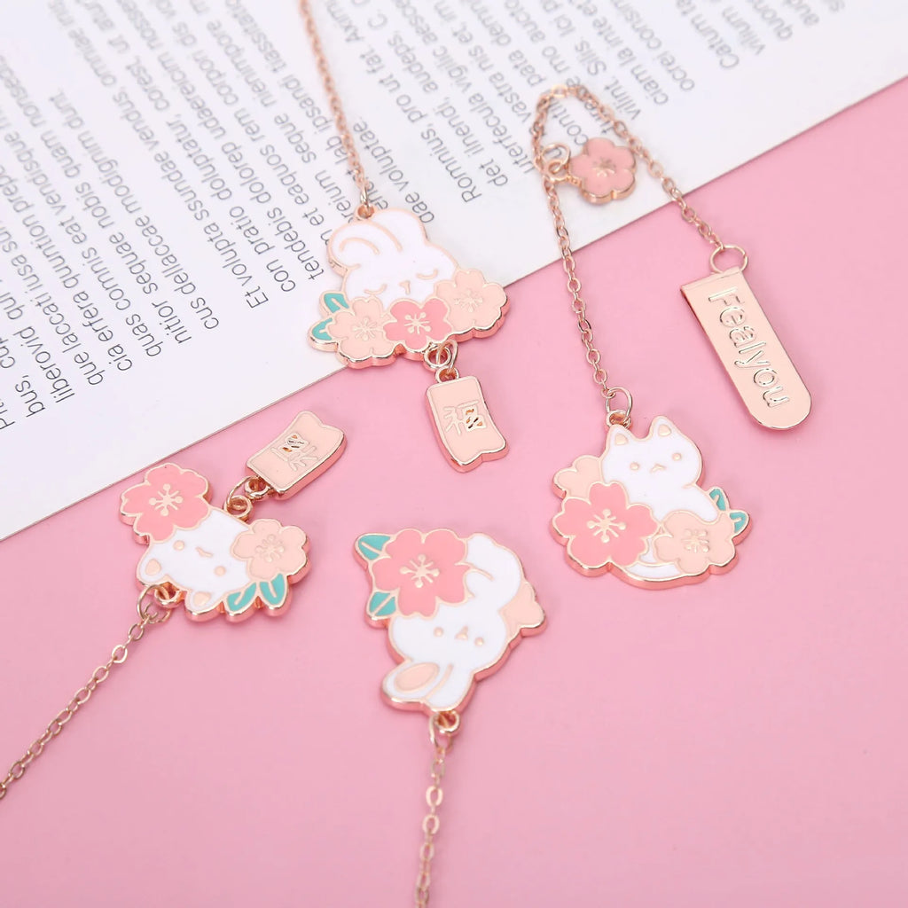 Metal pendant bookmark with cartoon cherry cat design for book marking