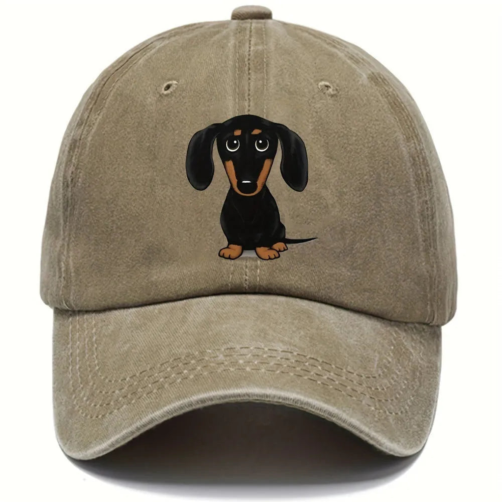 Retro washed baseball cap with a machine-embroidered dachshund dog print on the front.