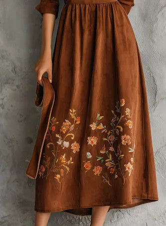 Brown vintage floral embroidered suede-effect midi dress with long sleeves