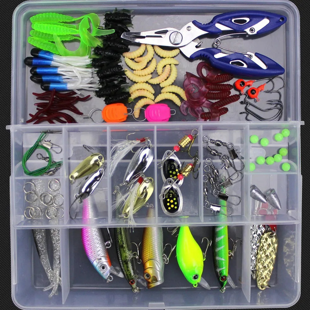 Junior fishing lure suit set with PP plastic storage box containing an assortment of artificial baits.