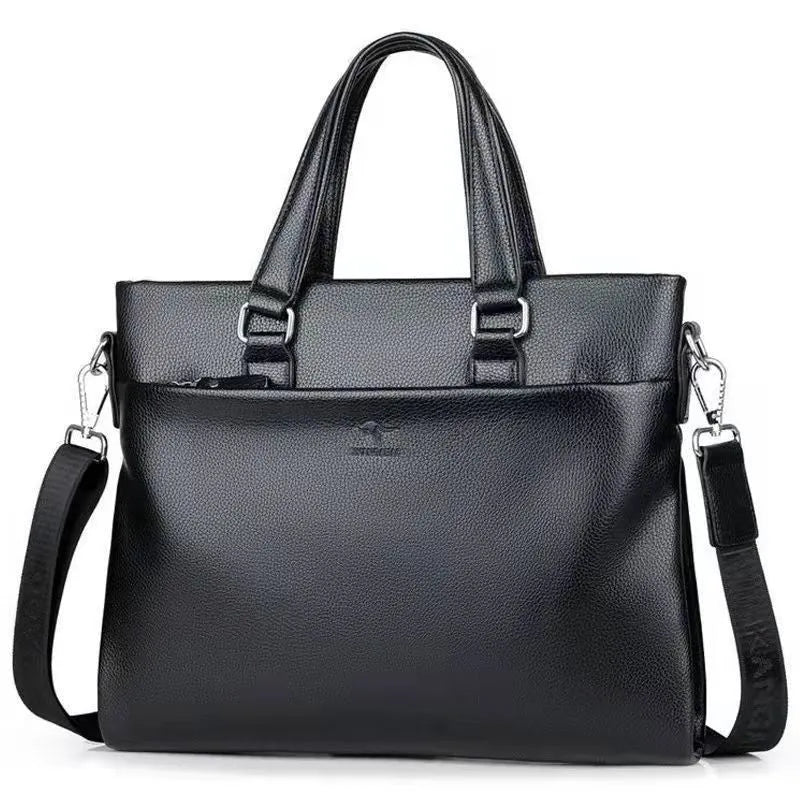 Black and brown men's PU leather messenger bag with splicing design on strap.