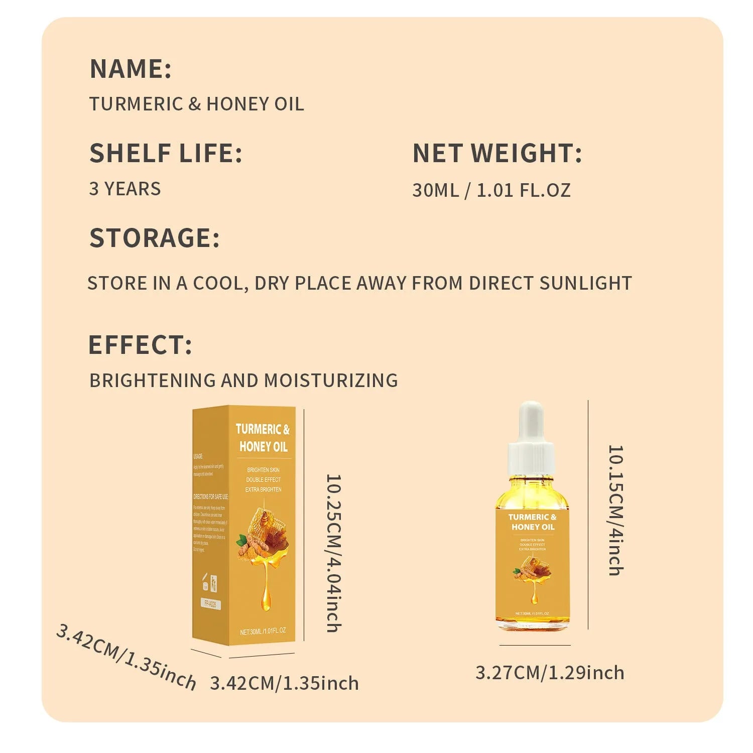 30ml glass bottle of Turmeric Honey Essential Oil with dropper on a neutral background.