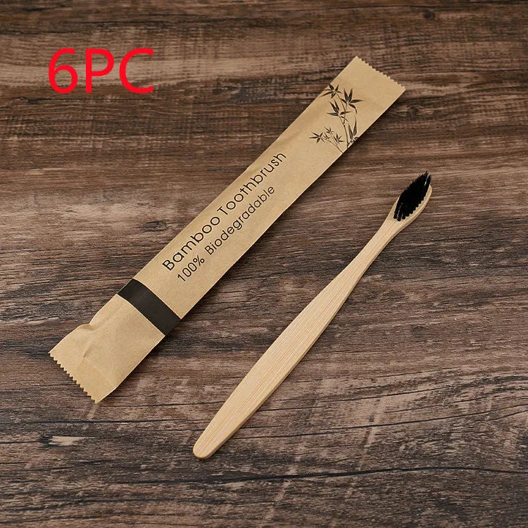 Set of 10 colourful bamboo toothbrushes with charcoal-infused soft bristles and natural bamboo handles