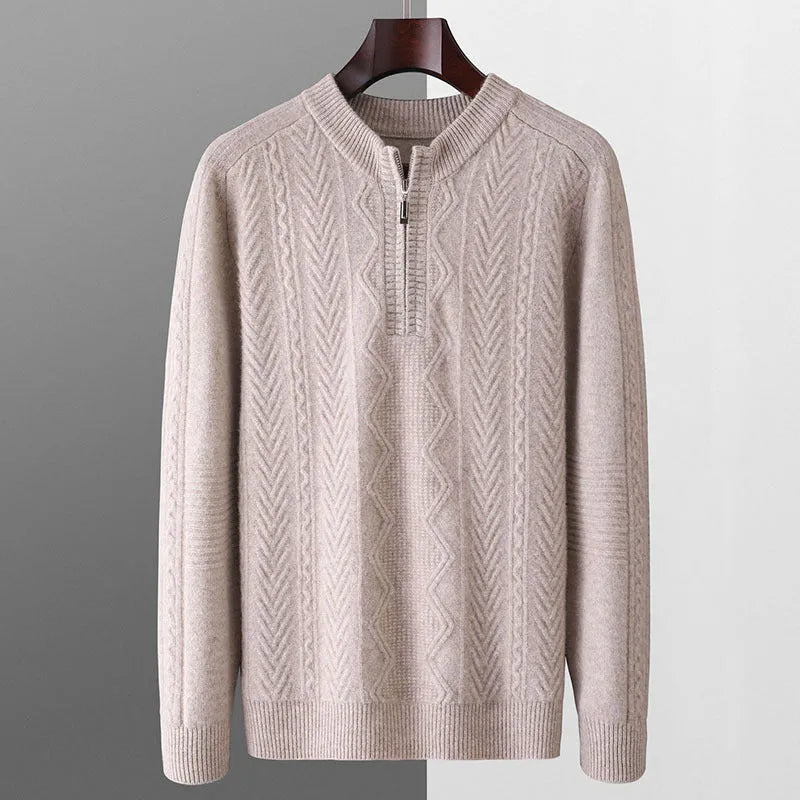 Men's diamond lattice pattern half-zip wool sweater in light camel colour showing front view